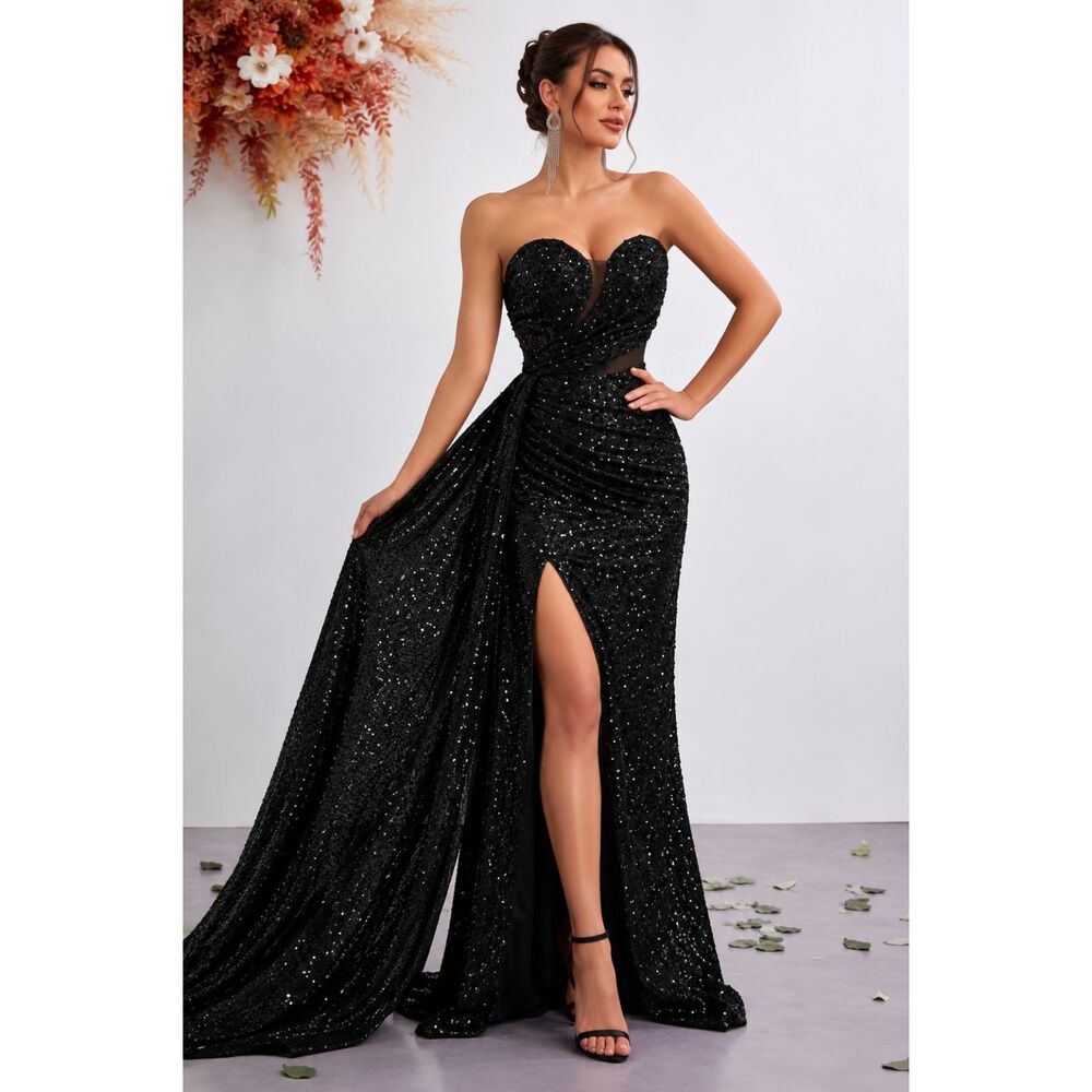 Women's XL Black Sequin Strapless Sweetheart Prom Dress High Slit Side